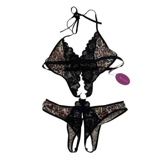 NWT AvidLove Lace Teddy Bodysuit - Deep V Halter - Sexy - Leopard Print - L - Picture 1 of 5